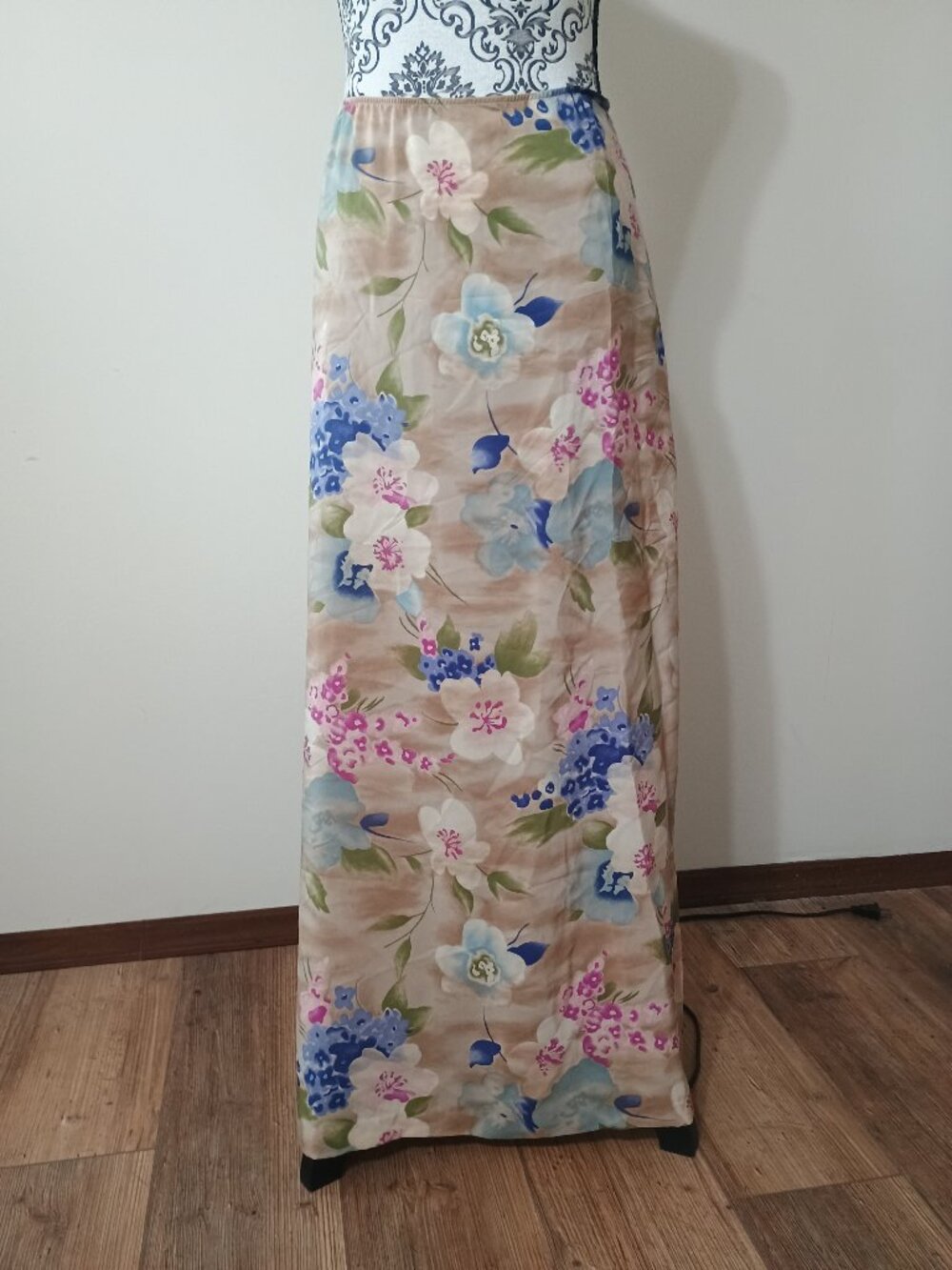 Vintage Ballinger Gold Silk Floral Maxi Skirt Cream Size Large